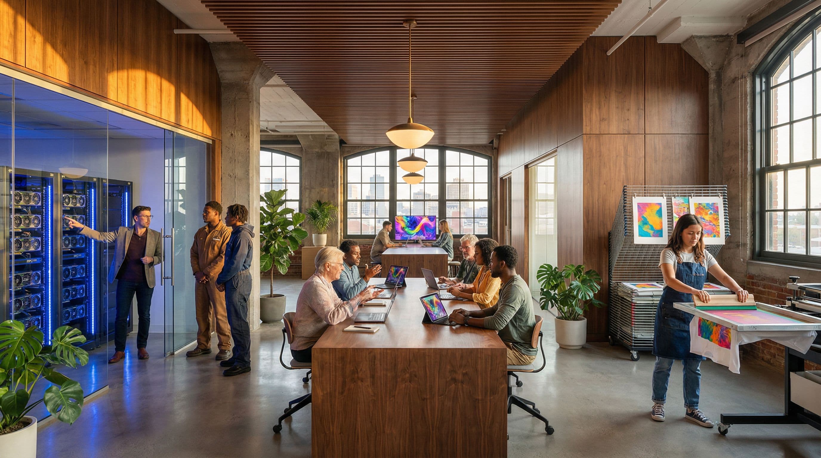 The Art-Tech Nexus — glass datacenter, collaborative AI art review, and screen printing production in one connected japandi-industrial space