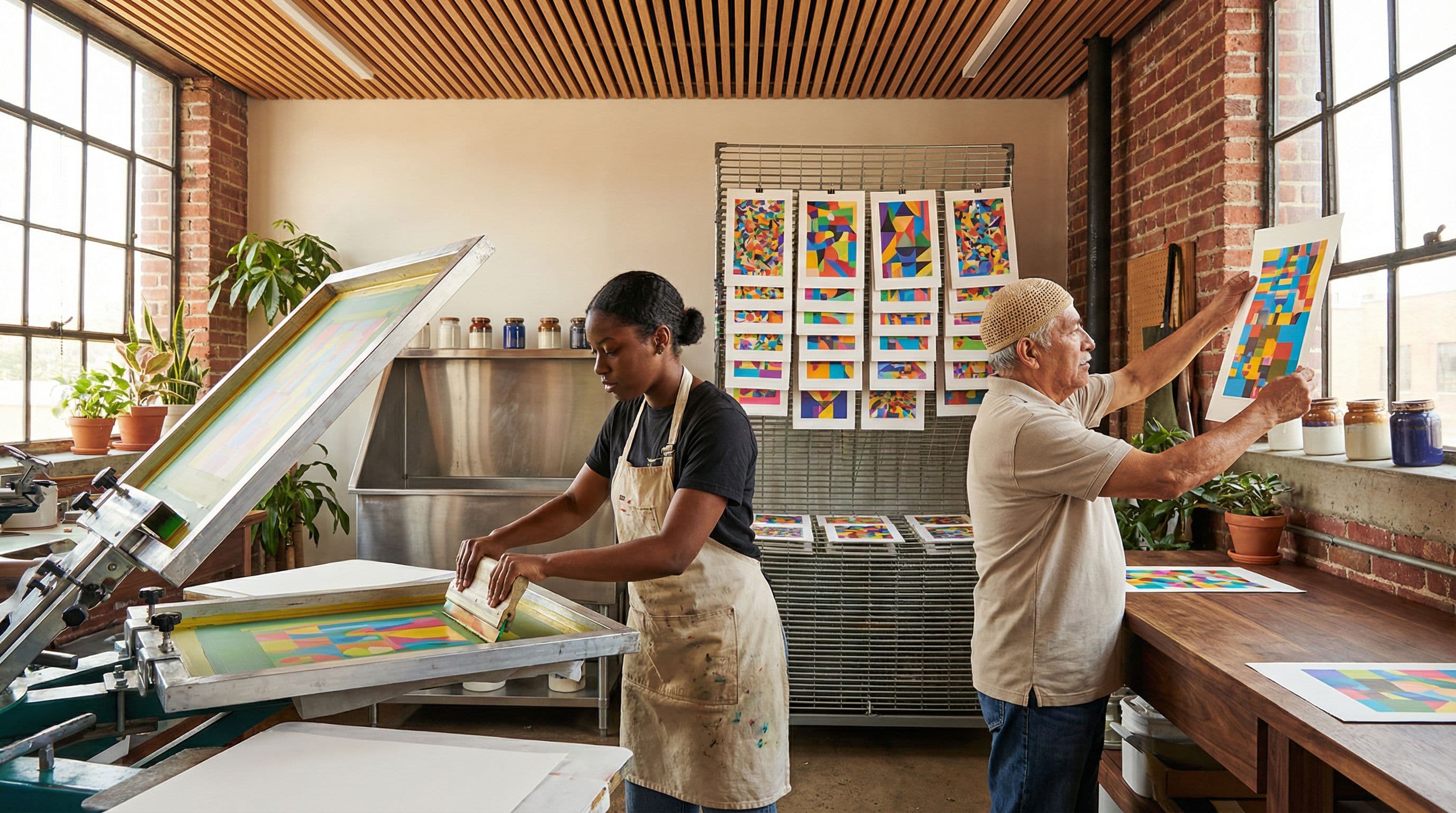 Fine art screen printing studio — young woman pulls vibrant AI-generated prints while mentor inspects finished work, japandi-industrial space